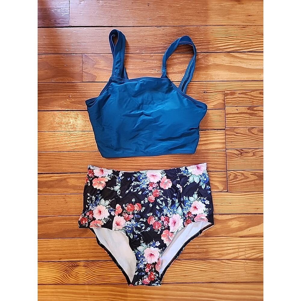 Meet Curve Swimsuit Black Green Floral Summer Bathing Suit M Bikini Two Piece